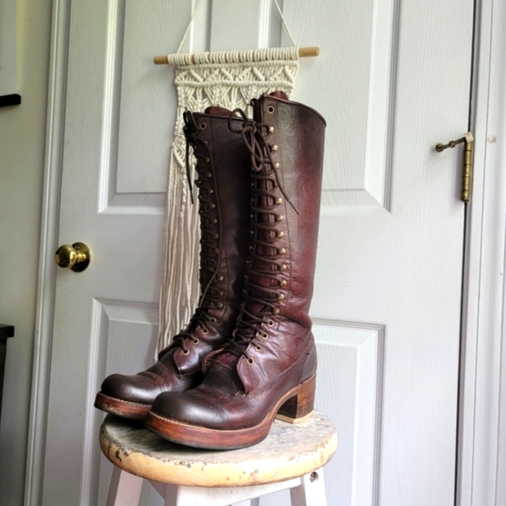 Frye RARE 70s Black Label Campus Lug Lace Up Tall Boots